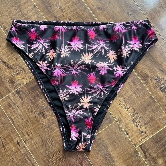 La La Swim Palm Tree High Rise Bikini Bottoms Black/Pink Sz Medium - Picture 1 of 3